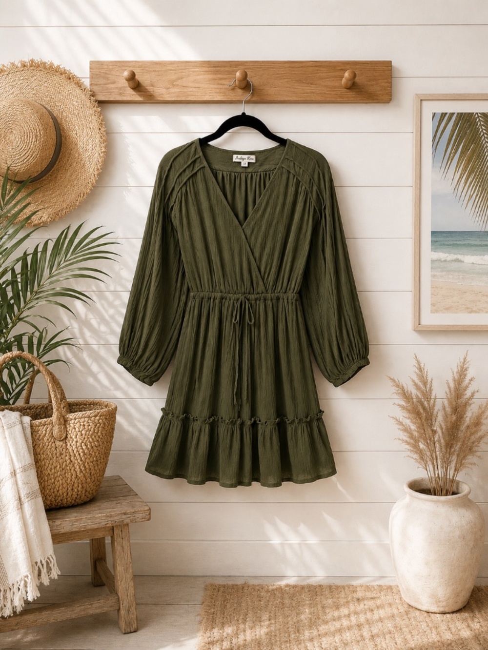 Indigo Rose Boho Olive Green V-Neck Ruffle Dress Size M
